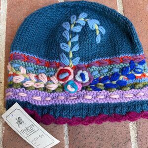 Windhorse Floral Wool Beanie Hat Boho Multicolor Handcrafted Women’s OS NWT
